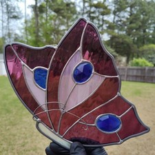 Vintage Purple Blue Butterfly Stained Glass Suncatcher Iridescent Wings 11"x8"