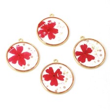 C 8PCS Gold Tone Dried Pressed Flower Resin Round 30mm Charm GYX2002