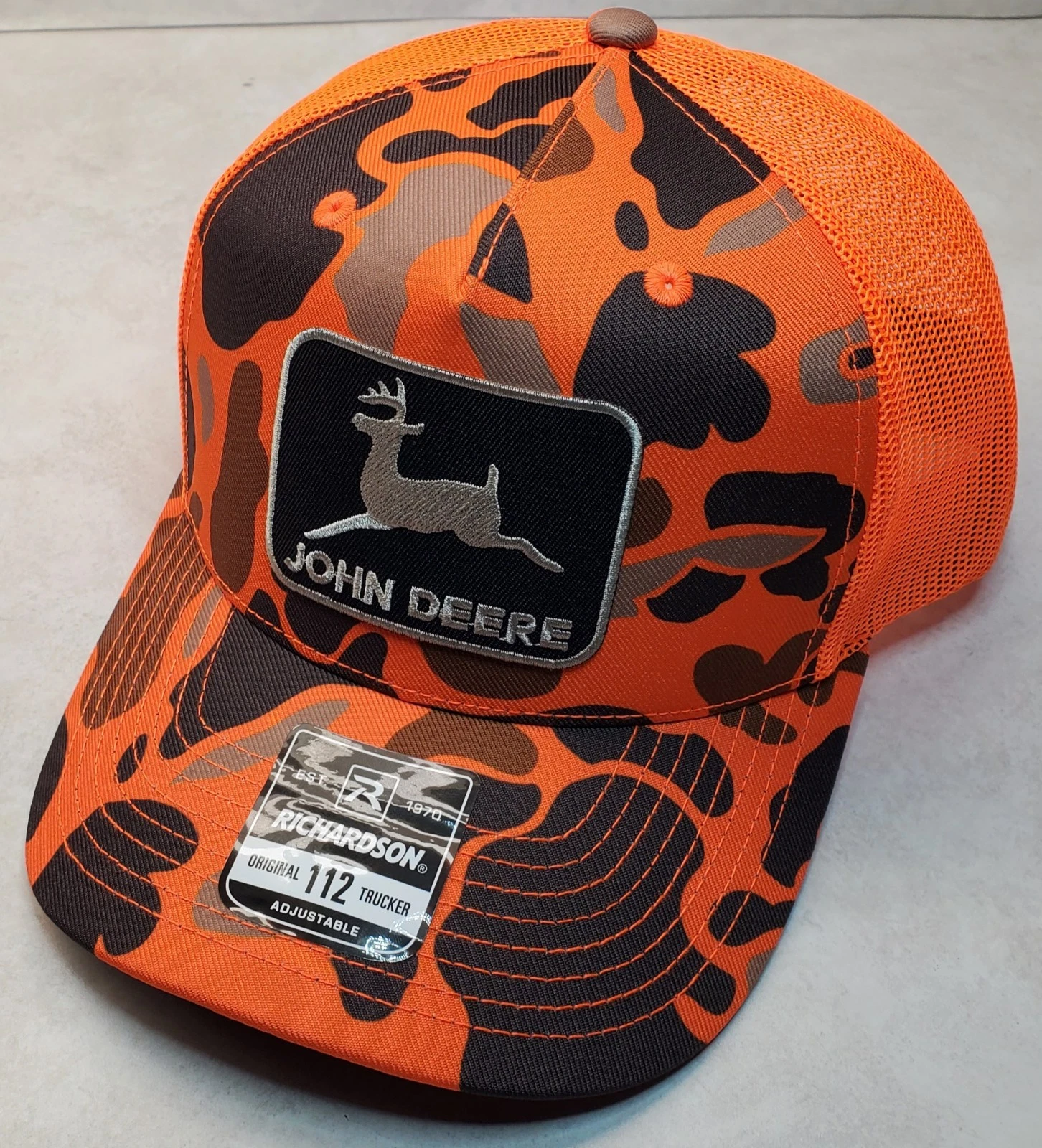 John Deere Black Patch Richardson 112 Trucker Hat Snapback Blaze Duck Camo/Blaze