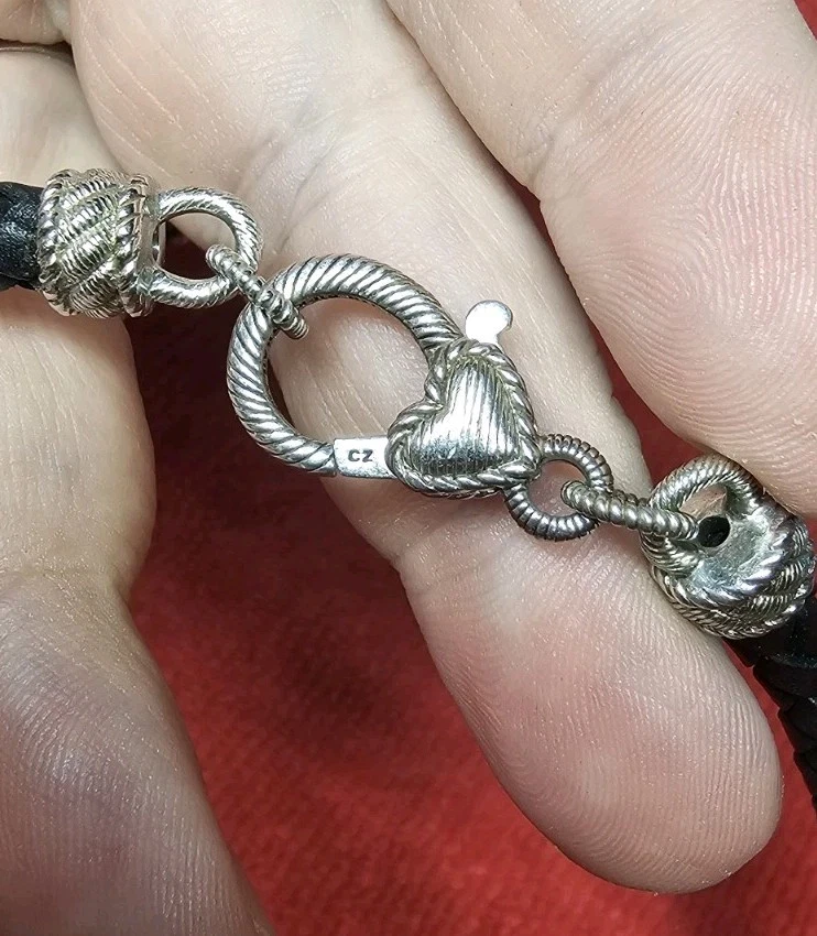 Collar de cuero trenzado con broche de corazón de plata de ley 925 circonita cúbica JUDITH RIPKA... Foto 3 de 4