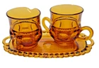 Kings Crown Indiana Glass Thumb Print Amber Creamer Sugar Bowl Set Complete MCM