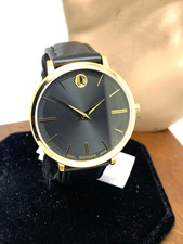 Movado Women's Watch 0607091 Swiss Quartz Slim Gold Black Dial Leather Band 35mm