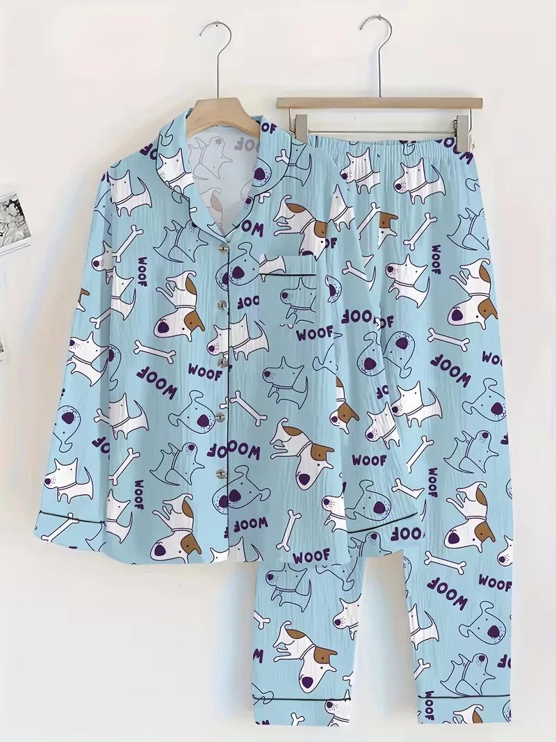 Puppy Love & Dog Bone Fun Long Sleeve Pajama Set 3D All Over Print