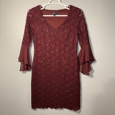 Connected Dress Women Sz 10 Shift Red Sequined Lace Bell-Sleeve Chiffon Elegant