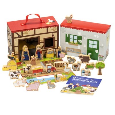 yoamo Bauernhof Adventskalender mit Holzfiguren Spielkoffer + Tier-Geschichte