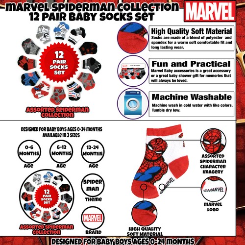Marvel Spiderman 12 Pair Assorted Color Socks Set, Baby Boys, Age 0-24 Months - Picture 5 of 13