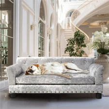 Large Wide Velvet Dog Sofa Bed Elevated Raised Pet Dog Sofa w/ Removable Cushion