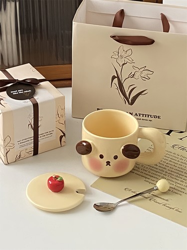 Coffee Cup with Lids, Blushing Puppy Coffee Ceramic Cups with Spoon, CuteMug - Picture 2 of 6