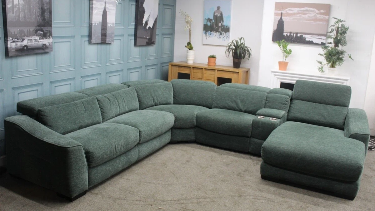 FURNITURE VILLAGE XAVIER ELIXIR ELETRIC 5 PIECE CORNER SOFA IN GREEN FABRIC