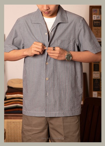 Retro Seersucker Striped Shirt 100% Cotton Men's Short Sleeve Shirt 3XL   - Picture 29 of 43