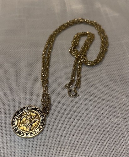 Saint Christopher Protect Us Necklace Black Trim Gold Plated Pendant Round 12"