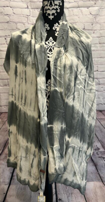 NWT 525 America Gray White Tie Dye 100% Silk Lightweight Chiffon Scarf 72  x 21 