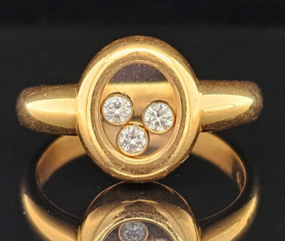 18K Yellow Gold CHOPARD HAPPY 3 DIAMONDS OVAL Ring Size 5