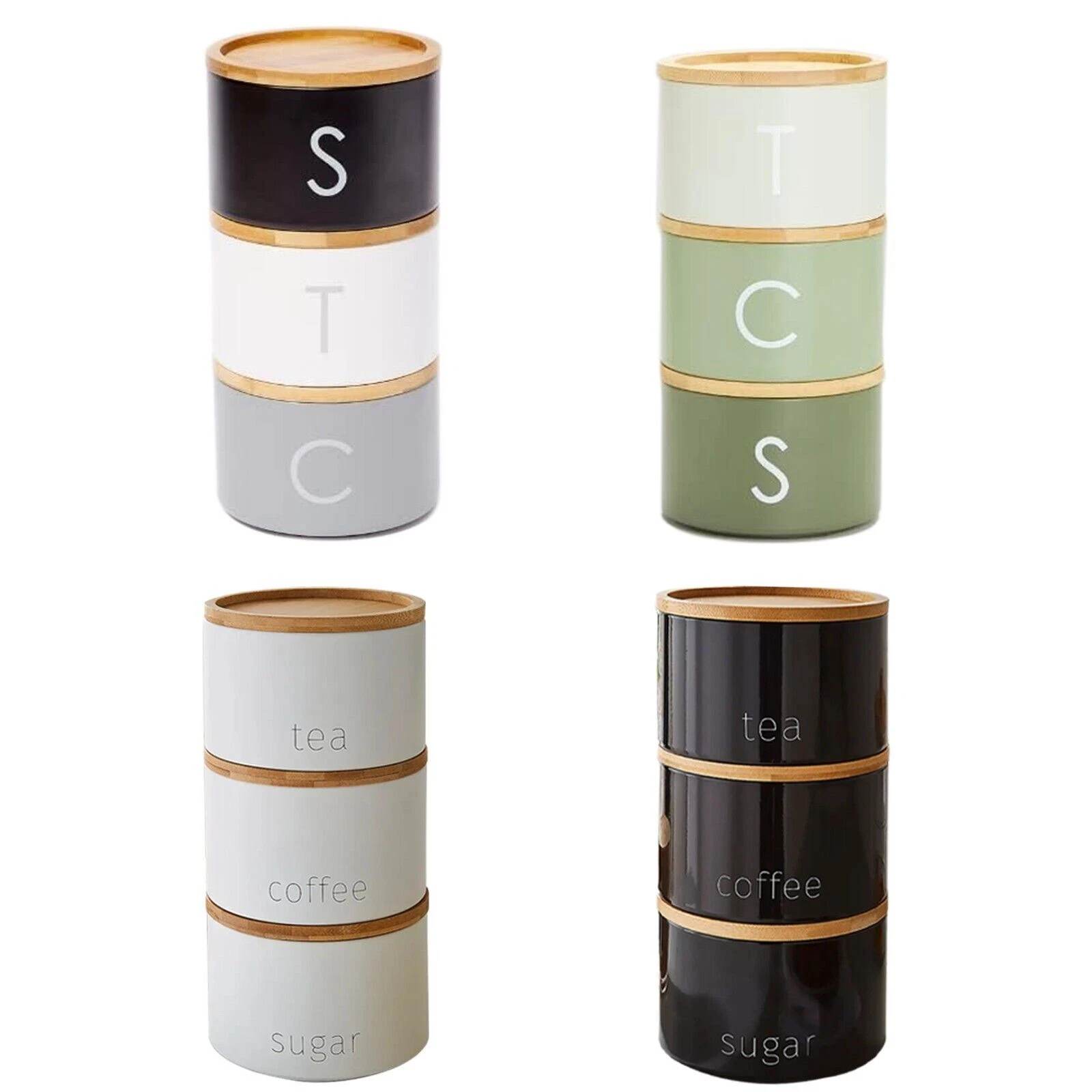 Set of 3 Stacking Kitchen Canisters Tea Coffee Sugar Jars with Wooden Lid Metal