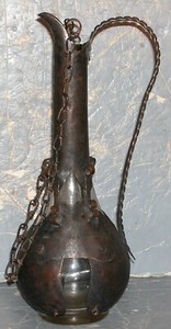 Antique Arts Crafts Bronze Cased Wine Bottle Ewer Jug Lap Strap Rivet Chain Stop