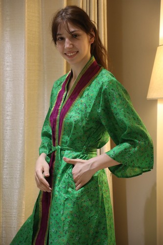Bata kimono midi de seda pura hasta la rodilla vestido kimono de seda verde PS MKMO2084 - Imagen 5 de 13
