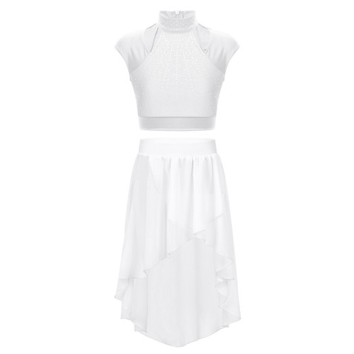 UK Girls Lyrical Dance Costume 2 Pc Halter Backless Crop Top with Skirt Outfit - Picture 78 of 105
