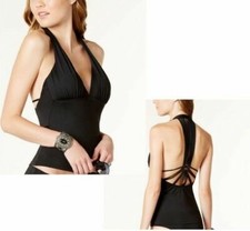 Bar III Women's Black Macrame Halter Tankini Top Hipster Bottoms Bikini Sz Small