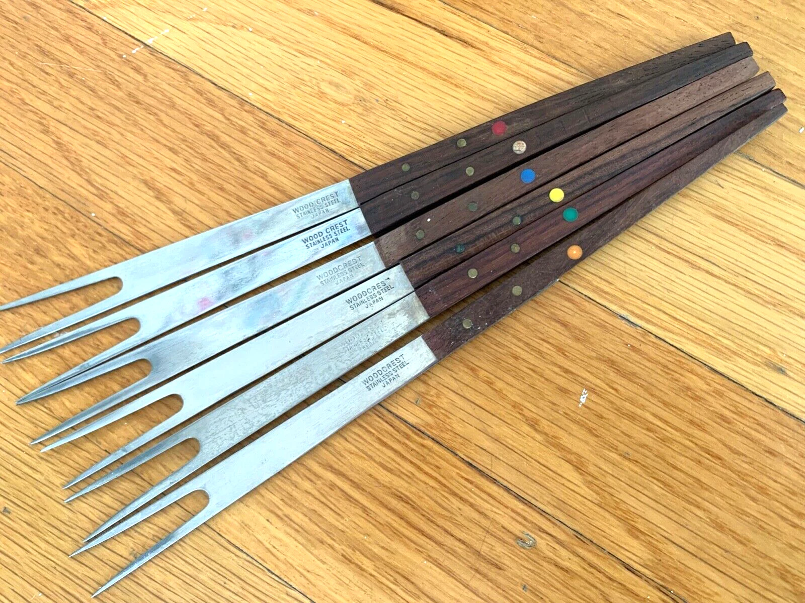 vtg 6 Stainless Steel FONDUE FORK SET mcm Teak wood rainbow Woodcrest Japan lot