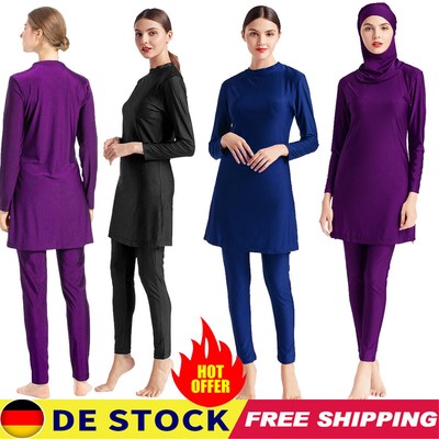 3PCS Damen Muslim Islamisch Badeanzug Modest Strand Bodycon Burkini Schwimmanzug
