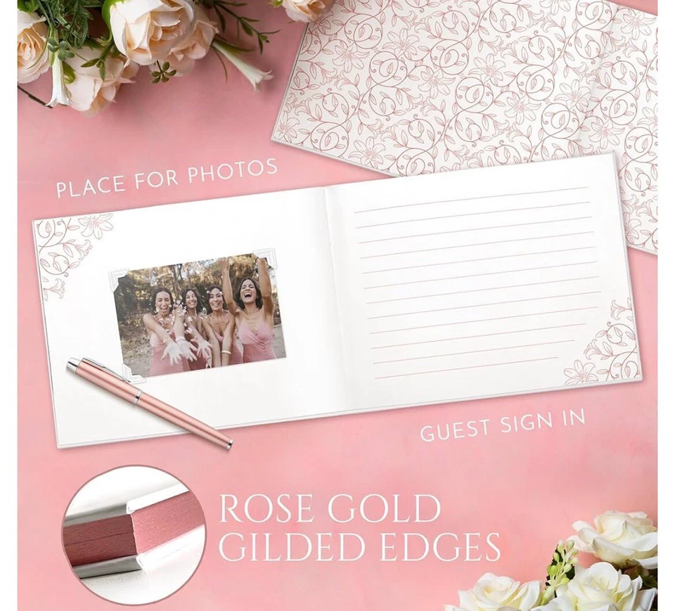 Gold Stamped Wedding Guest Book, Wedding Guest Book with Pen, Floral Guest Book - Image 3 of 4