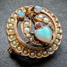 Victorian Brosche Tombak Silber Herz Opal Naturperle Perle alt antik c. 1900