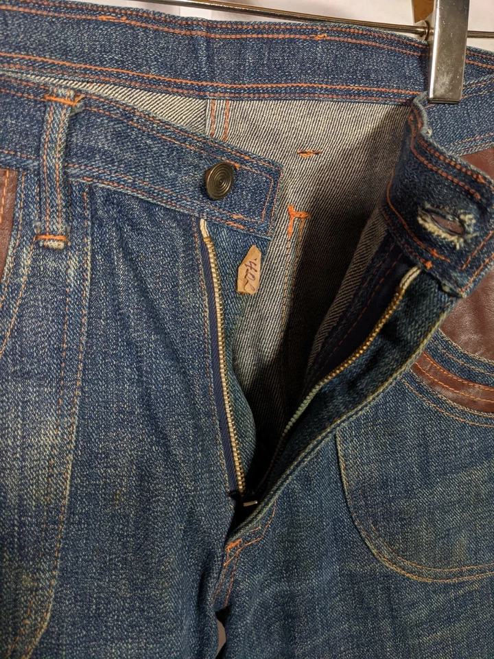 Jeans vintage anos 70 mod couro jeans índigo bolso lateral triplo mod discoteca 29 - Imagem 4 de 4