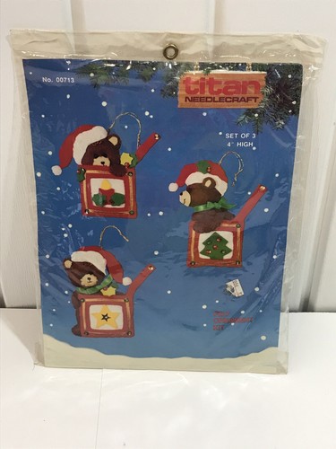 Vintage Needlepoint Christmas Ornament Craft Kit Titan Felt Teddy Bears Presents - Picture 2 of 6