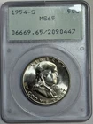 1954-S Silver Franklin Half Dollar PCGS MS65 Old Green Rattler Holder