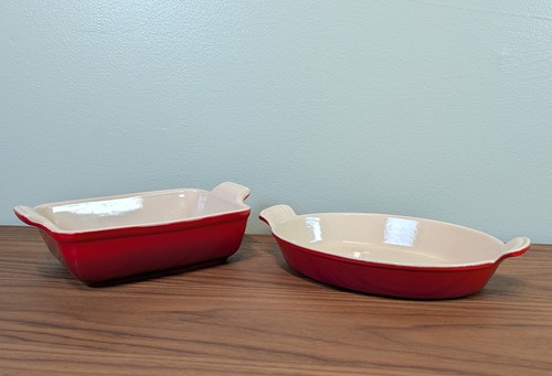 Lot 2 Le Creuset Cerise Red Ombre Baking Dishes Oval 9x7 & Rectangular 7.5x6