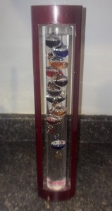 Galileo Glass Thermometer In Wood Frame 5 Colored Glass Spheres 18” Tall