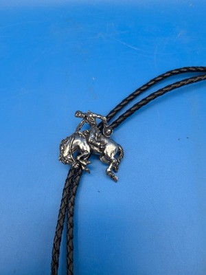Vintage Bolo Tie Bucking Bronco & Cowboy Black Braid Cord Silver Tone Southwest