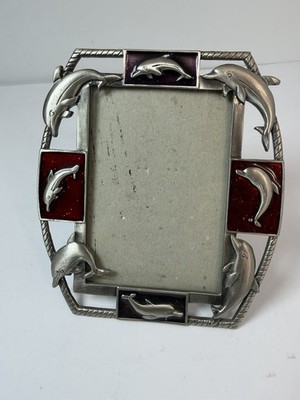 Dolphin Stand Up Table Top Frame Silver Tone Red Enamel Accents Nautical 3.5x5