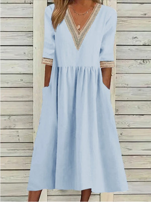 Women's Linen Blend Midi Dress V Neck Half Sleeve Casual Loose A-Line Dress