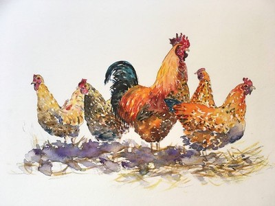 Original Aquarell Hühnerstall Gemälde Hahn Henne Bauernhof Kunst 35x28cm