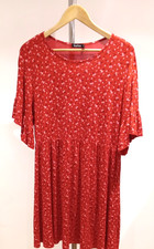 Boohoo Floral Jersey Dress Women's Red Frill Sleeve Knee Length Stretch Size 14