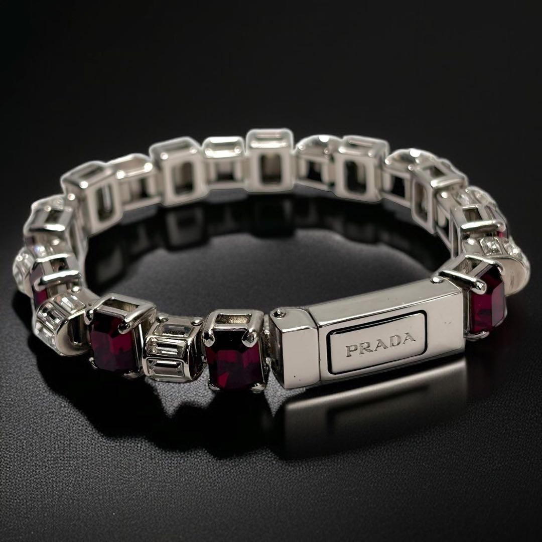 Prada Ruby Rhinestone Silver Bracelet 5.9 in Auth… - image 2