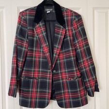 VTG Wool Blend Tartan Plaid Jacket Blazer Velvet Collar Womens 12 Sag Harbor