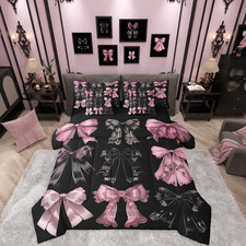 Black and Pink Bow Comforter Set with Sheets Twin Size Coquette Bows Bed in a Ba