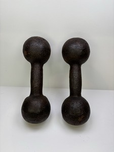 1930's? VINTAGE ANTIQUE 8LB. CAST IRON ROUND HEAD DUMBBELL HAND Weight PAIR