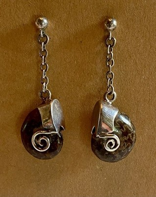 Stunning Swaying Artisan Sterling Silver And Ammonite Fossil Stud Drop Earrings
