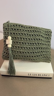 Le Lis Blanc Olive Green Woven Paper Clutch Bag Tassel NWOT With Box