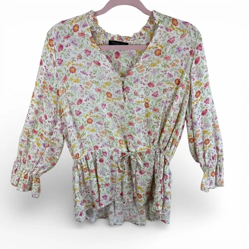 Rachel Zoe Womens M Floral Blouse Ruffle V-Neck 3/4 Sleeve Boho Cottage Core