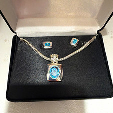 Silver Tone Blue Oval Crystal Pendant Necklace  Earrings Jewelry Set