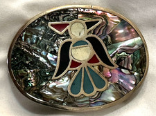 Vintage belt buckle Alpaca MEXICO Abalone shell inlay oval shape 3.25x2.5"