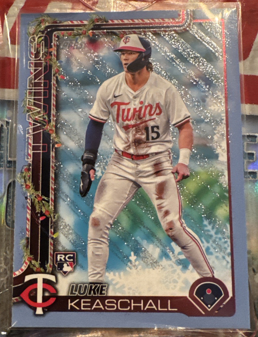 2025 Topps Holiday - Light Blue & White Glitter Holiday #H189 Luke Keaschall RC