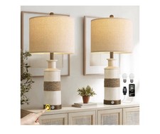 BOBOMOMO Set of 2 Bohemian Farmhouse Style Table Lamps, 24.5 in. 3-way USB A C