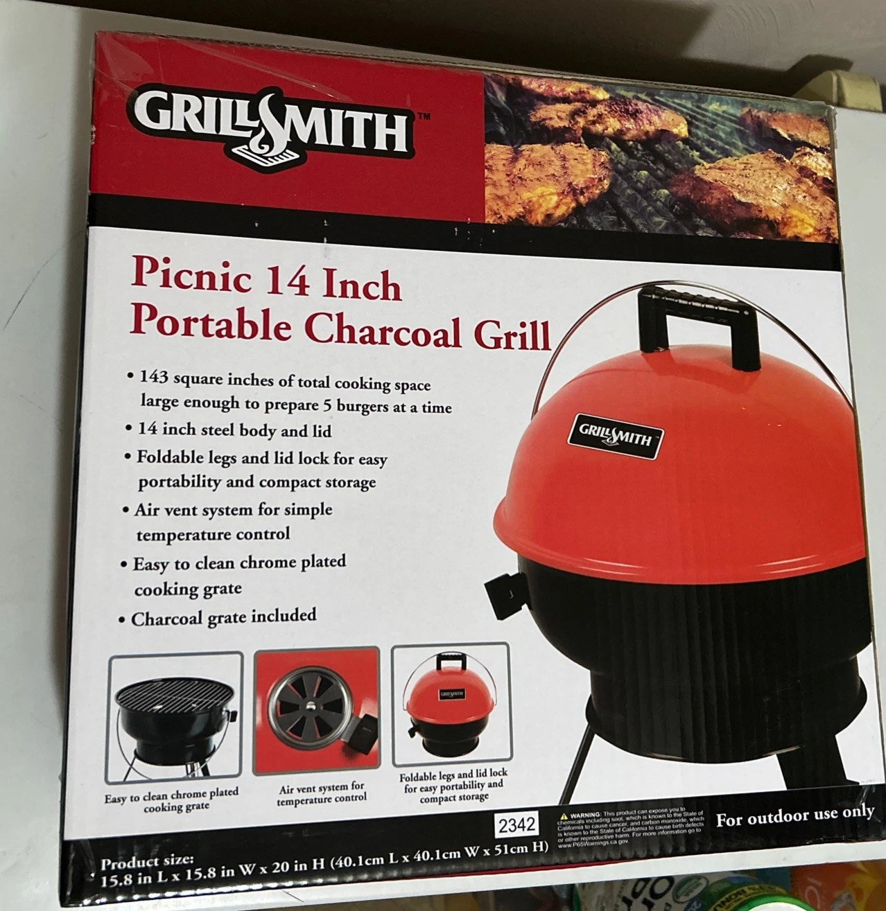 GRILL PORTABLE COMPACT 14 INCH CHARCOAL PICNIC GRILL GRILLSMITH FOLDABLE LEGS