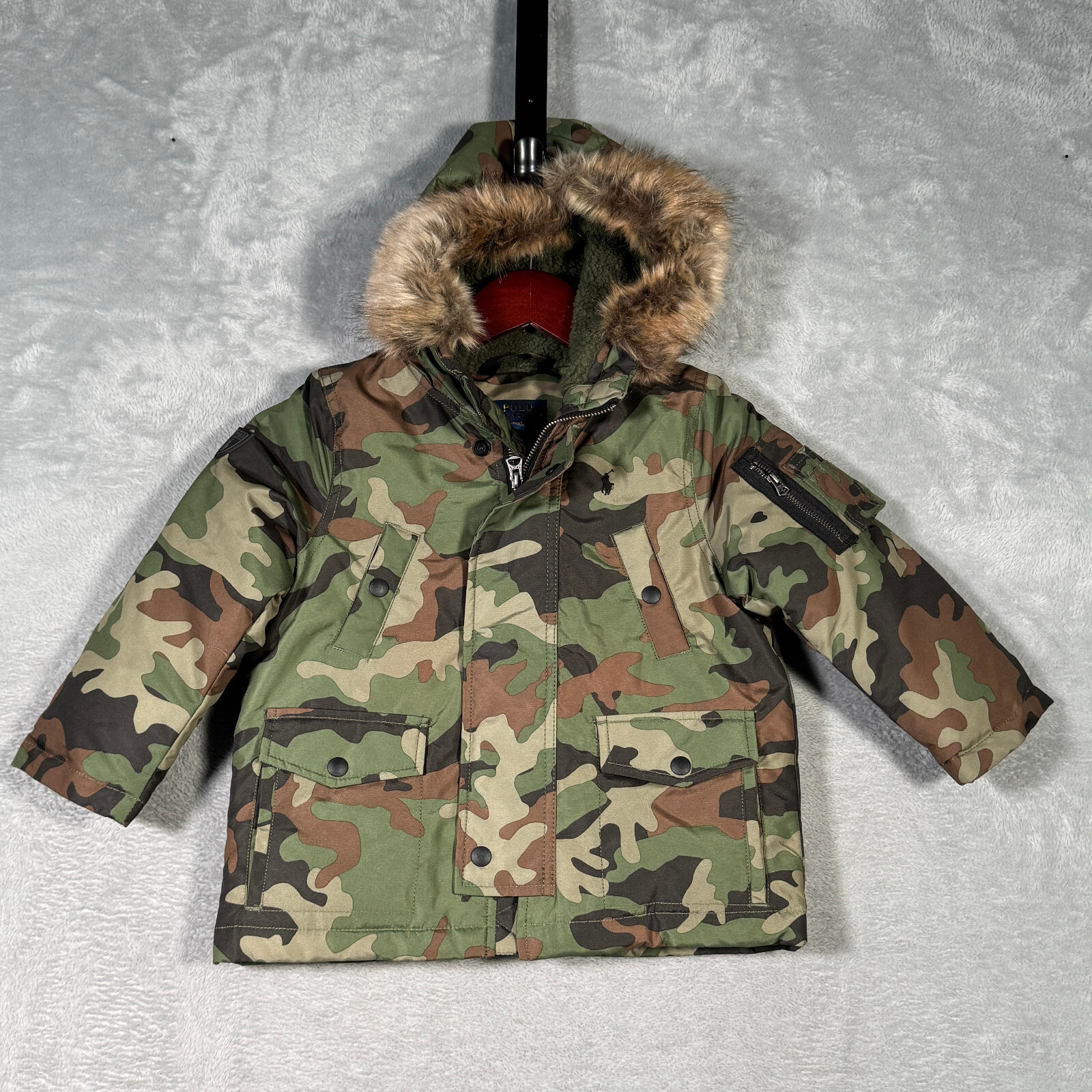 Giacca Ralph Lauren ragazzo 3 3T verde mimetico puffer full zip pelliccia sintetica pony