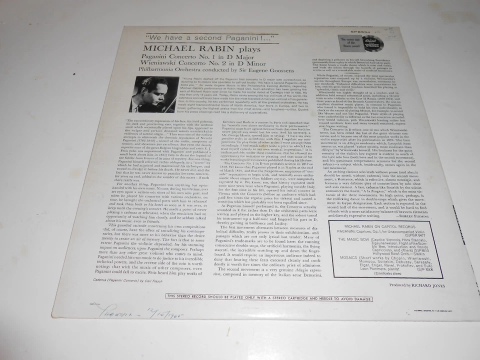 MICHAEL RABIN (VIOLIN) ~ PAGANINI WIENIAWSKI / CAPITOL SP 8534 STEREO, nm-/vg+ - Image 3 of 4